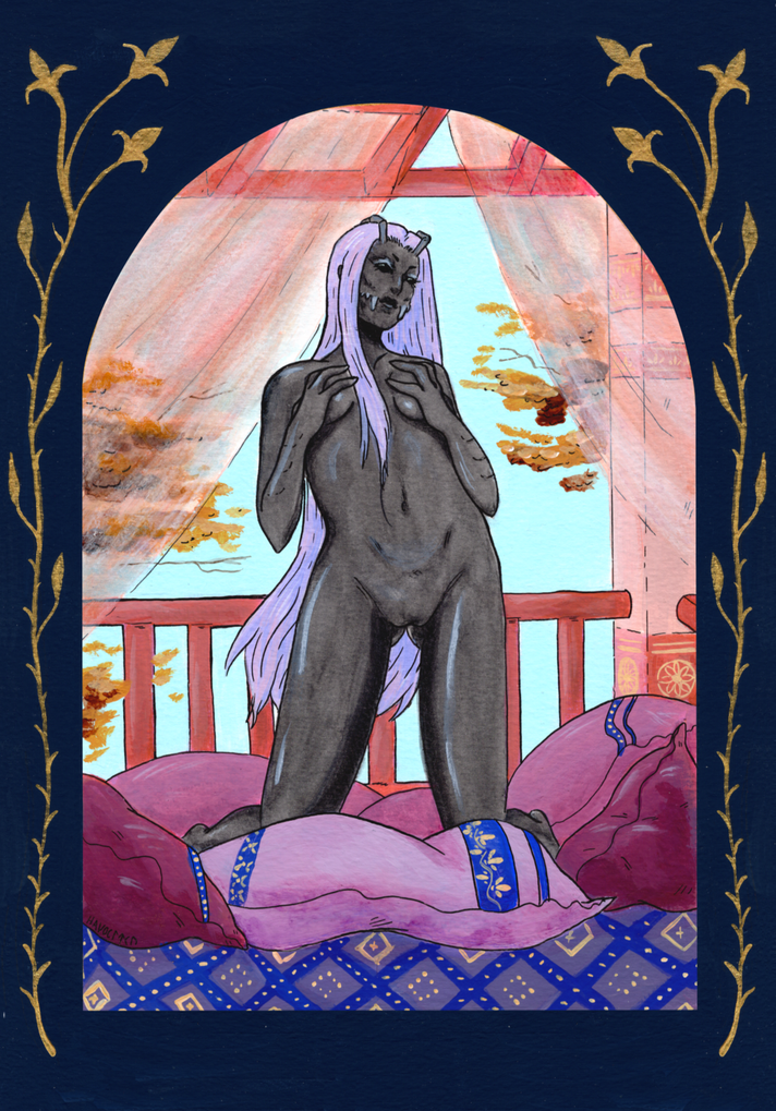 Alien Pinup - watercolour, gold leaf